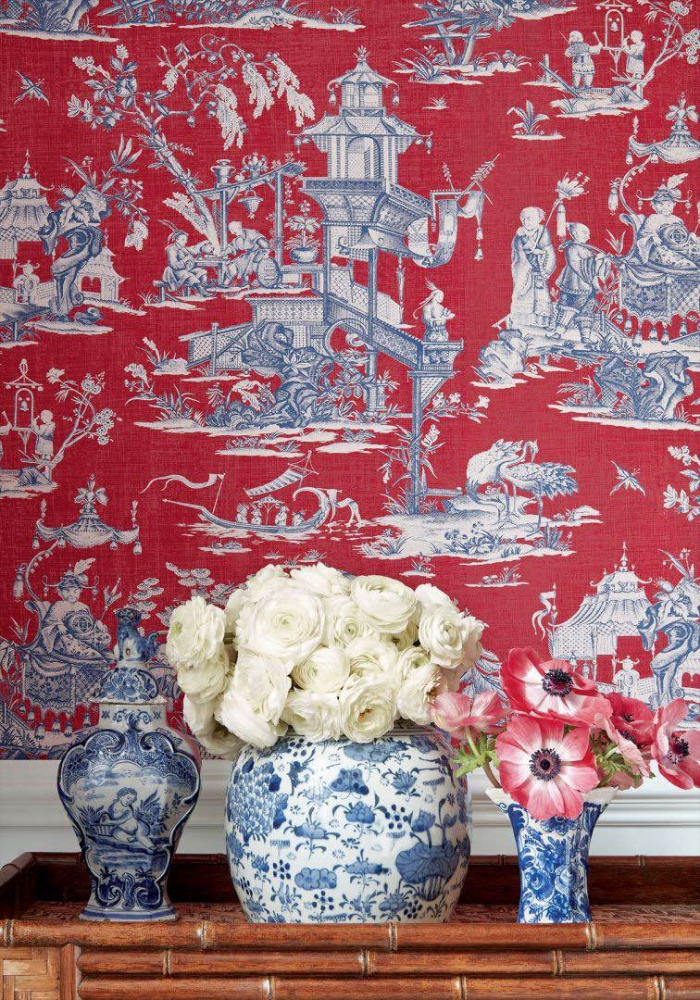 Thibaut Cheng Toile Fabric in Red & Blue